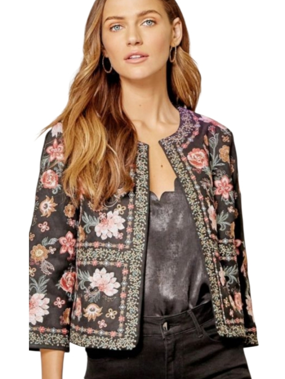 Savanna Jane Black Cropped Embroidered Blazer with Pink & Gold Floral Motif